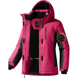 Women's Waterproof Rose Red Hood Ski Snow Jacket Fuzzy Fleece Lined Winter Warm